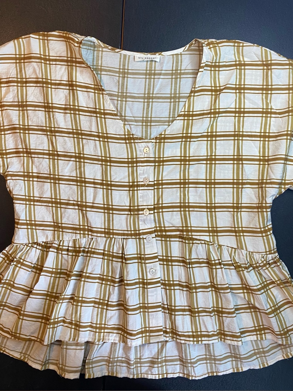 Blu Pepper Plaid Button-Front Top - White & Mustard-Tan